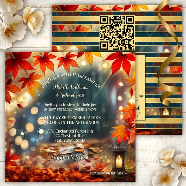 Convites Casamento Multifuncional da Floresta em Queda Enca (Unique all-in-one fall wedding invitation with an enchanted forest theme with fairy lights - QR code)