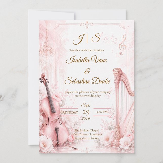 Convites Casamento Musical Elegante Rosa (Frente)