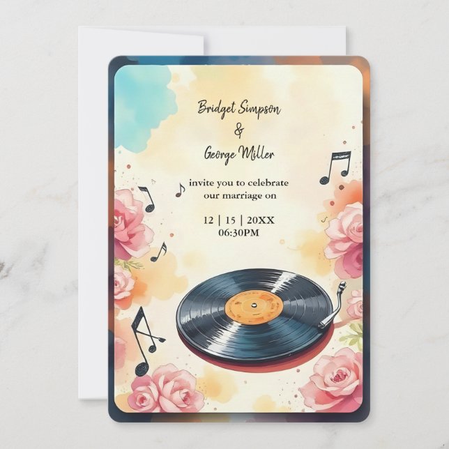 Convites casamento musical floral com aquarela (Frente)
