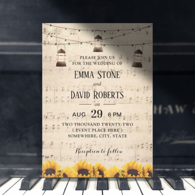 Convites Casamento Musical Rustic Sunflower & Lanterns (Criador carregado)