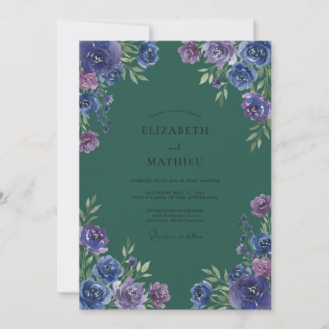 Convites Casamento Muted Eucalyptus Ranunculus Azul Teal Âm (Frente)