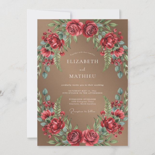 Convites Casamento Muted Eucalyptus Ranunculus Carmesim Beg (Frente)
