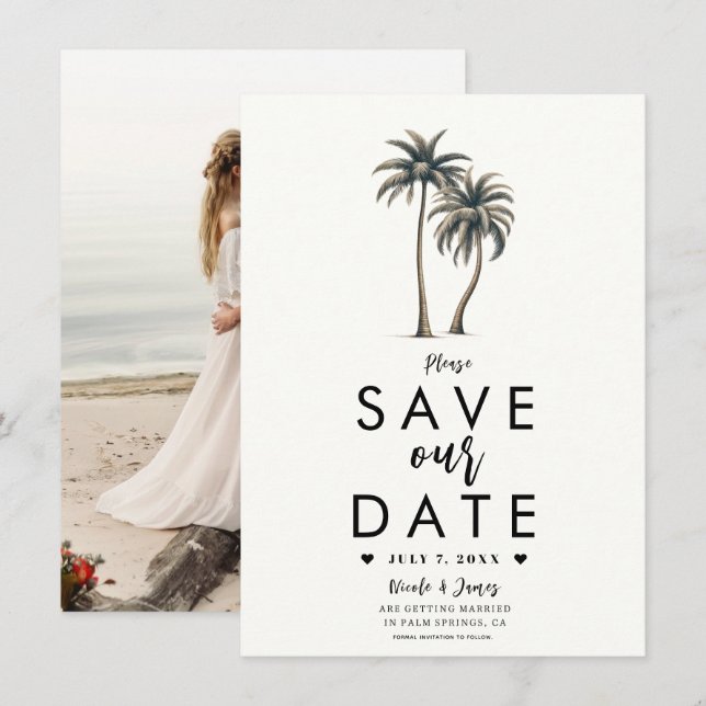 Convites Casamento na Costa com Palmeira Tropical - Salve a (Frente/Verso)
