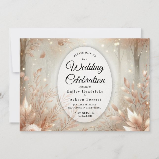 Convites Casamento na Floresta Encantada da Rosewood Dourad (Frente)
