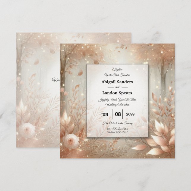 Convites Casamento na Floresta Encantada de Rosewood Dourad (Frente/Verso)
