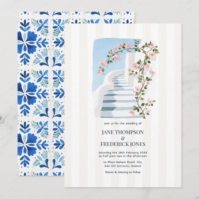 Convites Casamento na Ilha Grega de Santorini com Bougainvi (Frente/Verso)