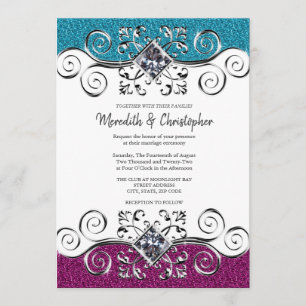 Convites Casamento Na moda, Rosa e Azul, de Prata