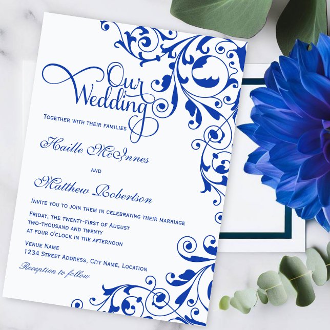 Convites Casamento na moda Royal Blue Swirls (Royal blue swirls and elegant script 'Our Wedding" text wedding invitation.)