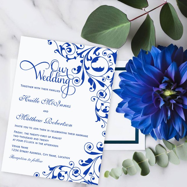Convites Casamento na moda Royal Blue Swirls (Royal blue swirls and elegant script 'Our Wedding" text wedding invitation.)