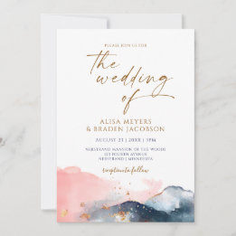 Convites Casamento na Montanha Moderno Aquarela Azul Rosa D