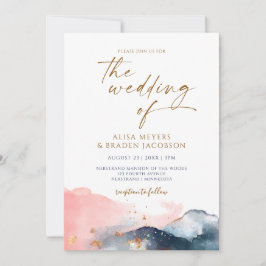 Convites Casamento na Montanha Moderno Aquarela Azul Rosa D
