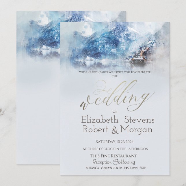 Convites Casamento na Neve do Lago Winter Mountain (Frente/Verso)