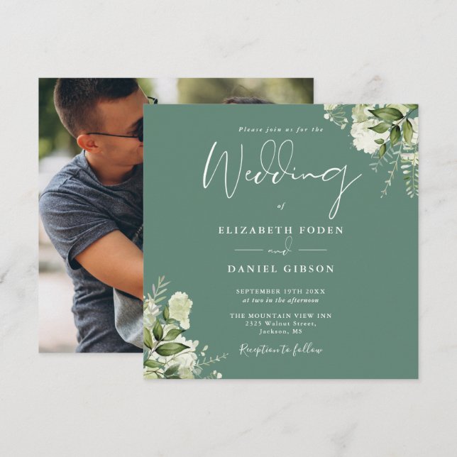 Convites Casamento na Praça da Foto Floral Eucalyptus Green (Frente/Verso)