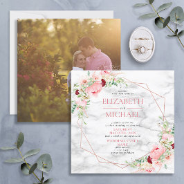 Convites Casamento na Praça Floral Marble Geométrico Dourad