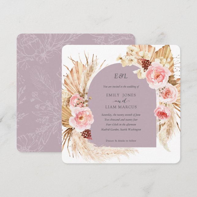 Convites Casamento na Praça Floral Mauve Pampas Grass Boho (Frente/Verso)