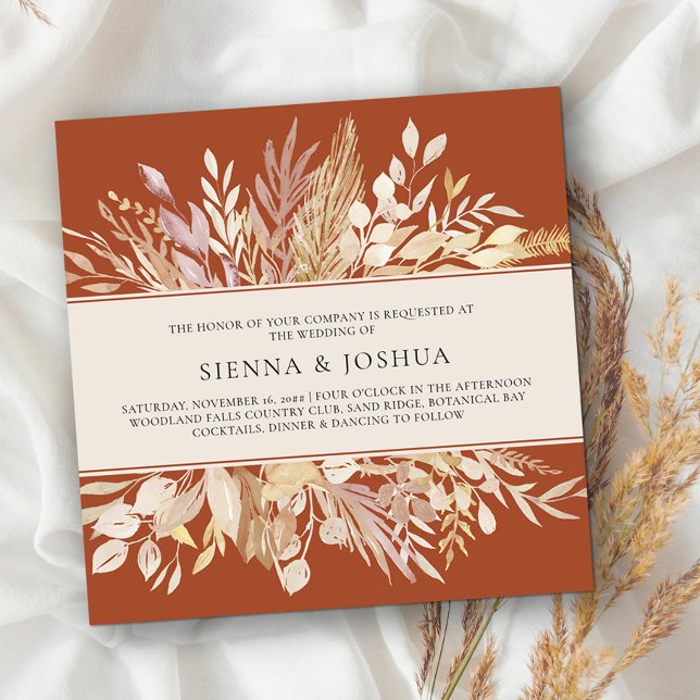 Convites Casamento na Praça Terracotta Cream (Square Wedding Invitation Templage in burnt orange with cream foliage available printed or digital)