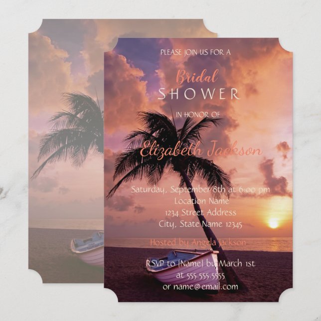 Convites Casamento na Praia ao Pôr do Sol, Palmeira, Barco  (Frente/Verso)