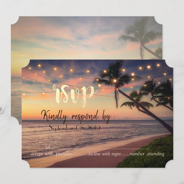 Convites Casamento na Praia ao Pôr do Sol, Palmeiras, Luzes (Frente/Verso)