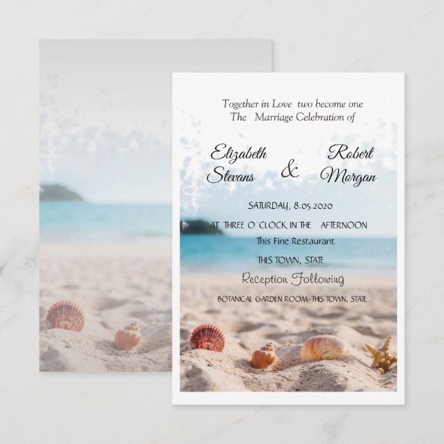 Convites Casamento na Praia, Areia, Conchas de Moluscos Con (Frente/Verso)