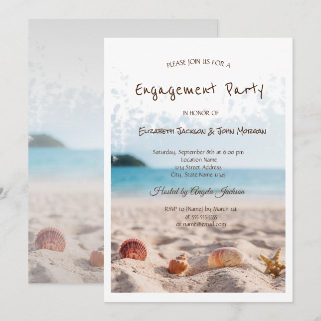 Convites Casamento na Praia, Areia, Conchas de Noivado (Frente/Verso)