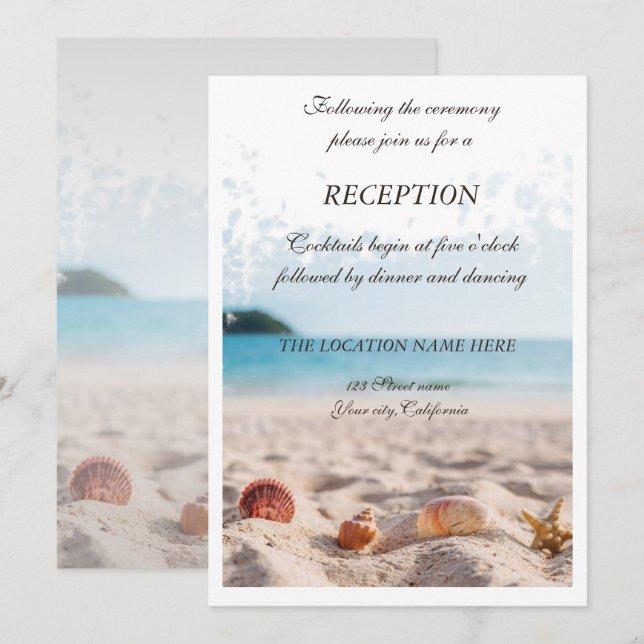Convites Casamento na Praia,Areia,Conchas Recepção (Frente/Verso)