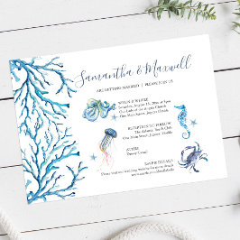 Convites Casamento na Praia Azul Ilustrado em Aquarela