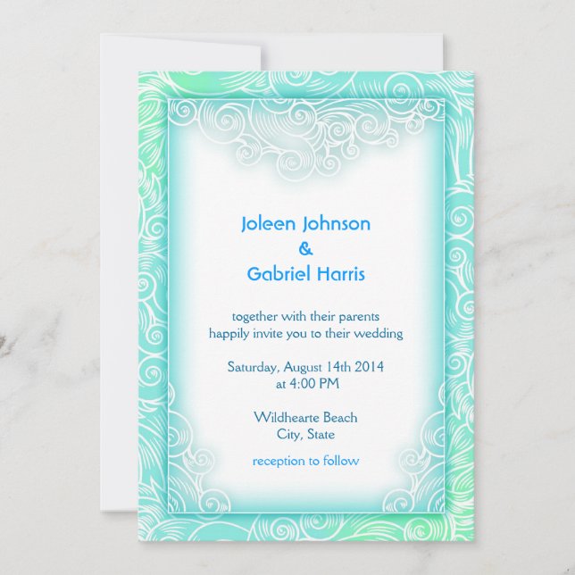 Convites Casamento na Praia com Aqua Menta e Branco Seafoam (Frente)