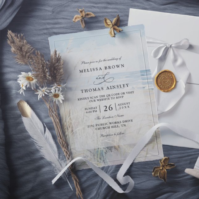 Convites Casamento na Praia com Código QR em Aquarela Moder (Criador carregado)