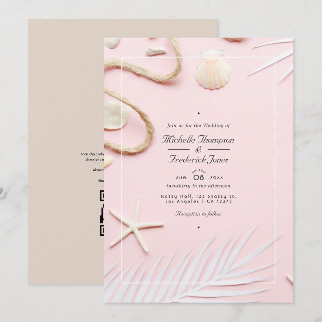 Convites Casamento na Praia com Código QR para RSVP em Rosa (Frente/Verso)
