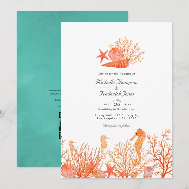 Convites Casamento na Praia com Código QR para RSVP em Turq (Frente/Verso)