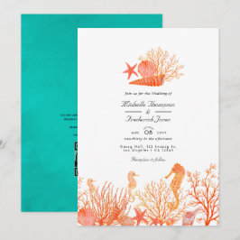Convites Casamento na Praia com Código QR para RSVP em Turq