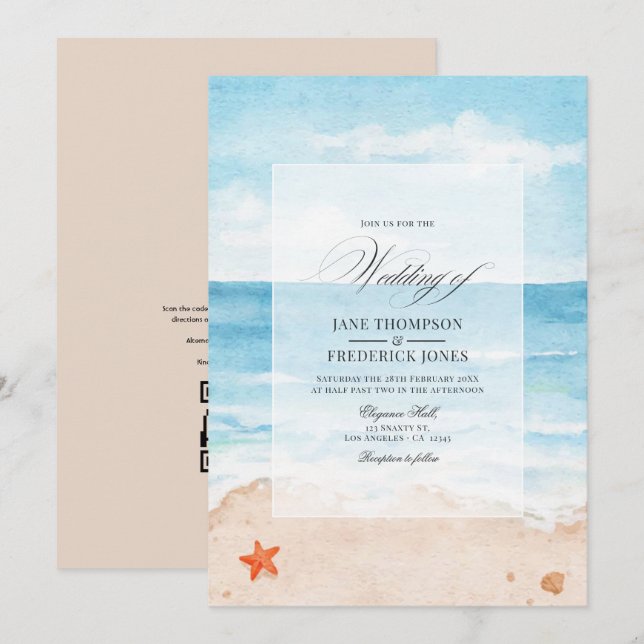 Convites Casamento na Praia com Código QR para RSVP no Verã (Frente/Verso)