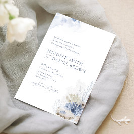 Convites Casamento na praia com coral em aquarela azul e co