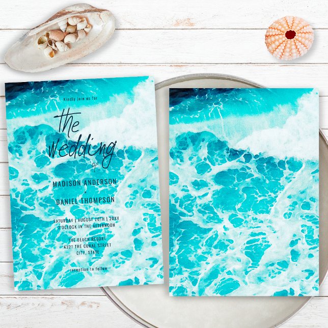 Convites Casamento na Praia com Espuma do Oceano Azul de Ve (Criador carregado)