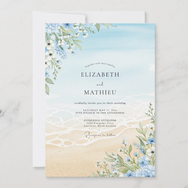 Convites Casamento na Praia com Floral Azul Céu (Frente)