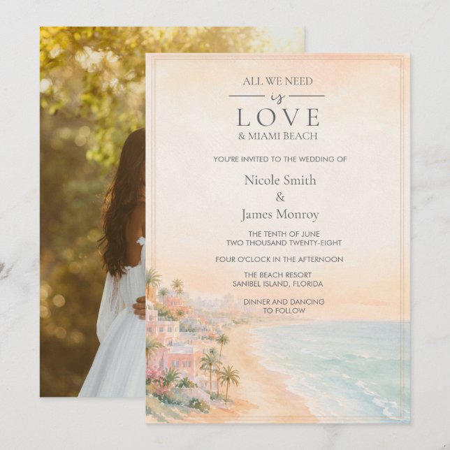 Convites Casamento na Praia com Foto de Love e Miami Beach (Frente/Verso)