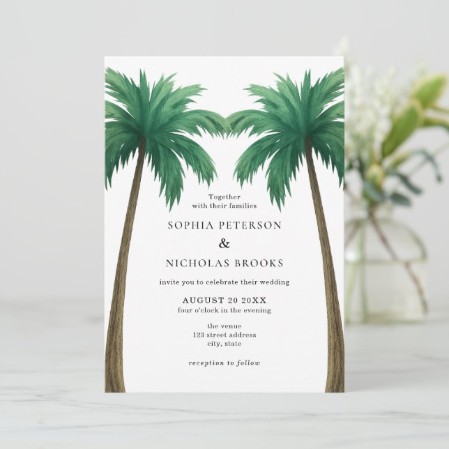 Convites Casamento na Praia com Foto Minimalista de Palmeir (Em pé/Frente)