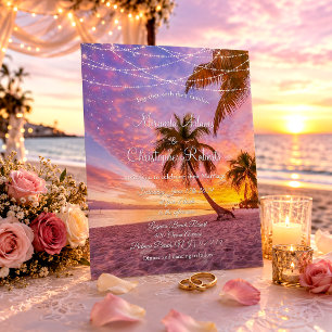 Convites Casamento na Praia com Luzes de Corda ao Pôr do So