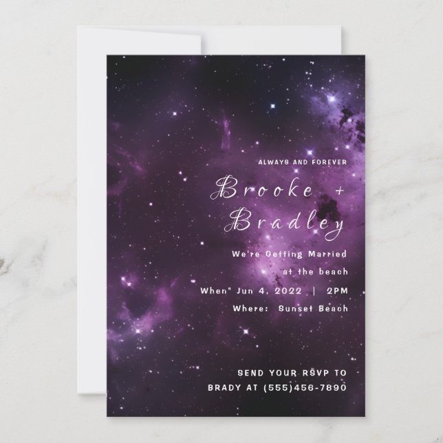 Convites Casamento na Praia com Nebulosa Roxa Escura (Frente)