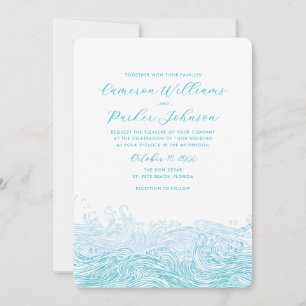 Convites Casamento na Praia com Ondas Azuis Aqua