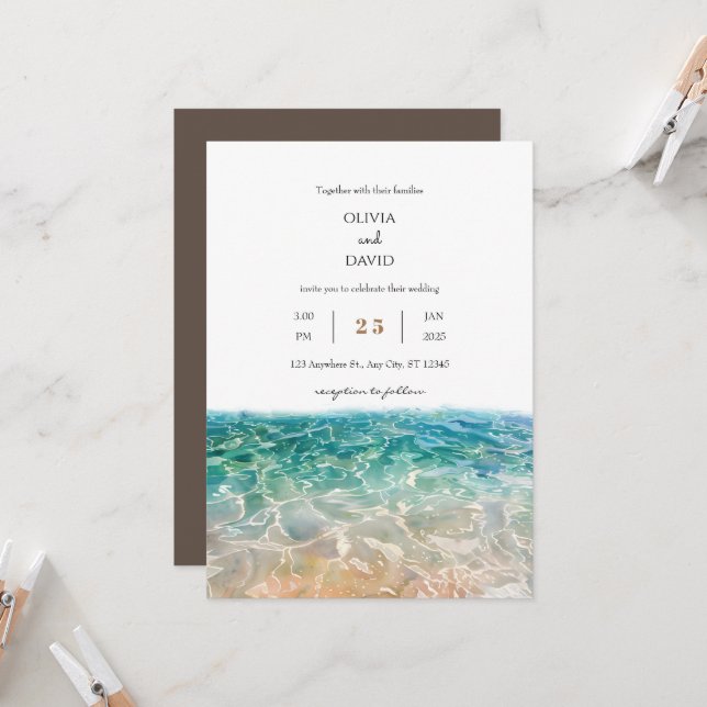 Convites Casamento na Praia com Ondas de Oceano Cristalinas (Frente/Verso In Situ)
