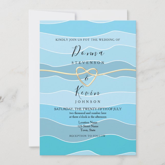Convites Casamento na Praia com Ondas do Oceano Azul Boho (Frente)
