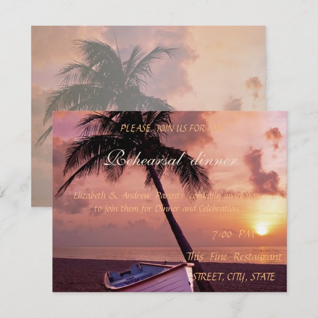 Convites Casamento na Praia com Palmeira, Pôr do Sol, Janta (Frente/Verso)