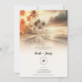 Convites Casamento na Praia com Palmeiras e Pôr do Sol Lara