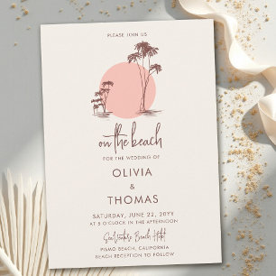 Convites Casamento na Praia com Palmeiras, Sol Rosa e Areia
