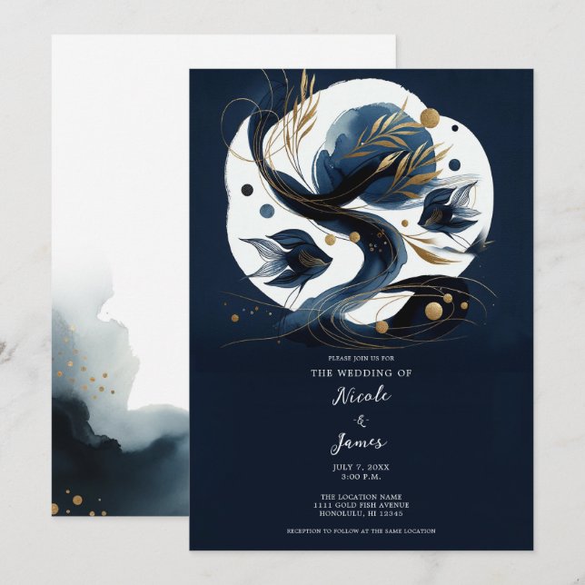 Convites Casamento na Praia com Peixes Azul Marinho e Doura (Frente/Verso)