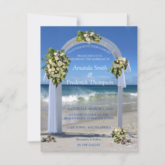 Convites Casamento na Praia com rosas floribunda brancas (Frente)