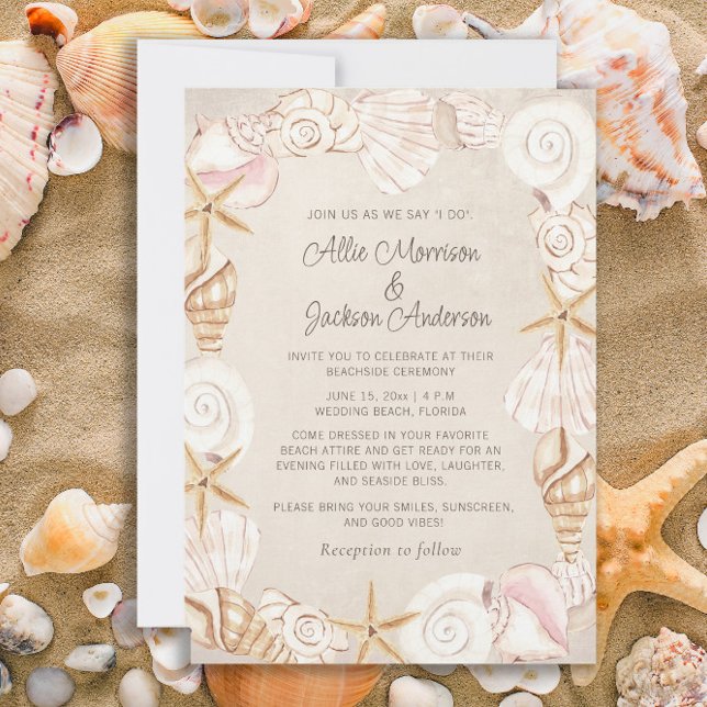 Convites Casamento na Praia Conchas de Areia à Beira-Mar  (Beach, seashells, and starfish wedding invitation)