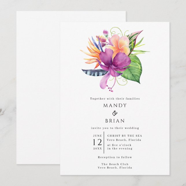 Convites Casamento na Praia de Flores Tropicais na Ilha (Frente/Verso)