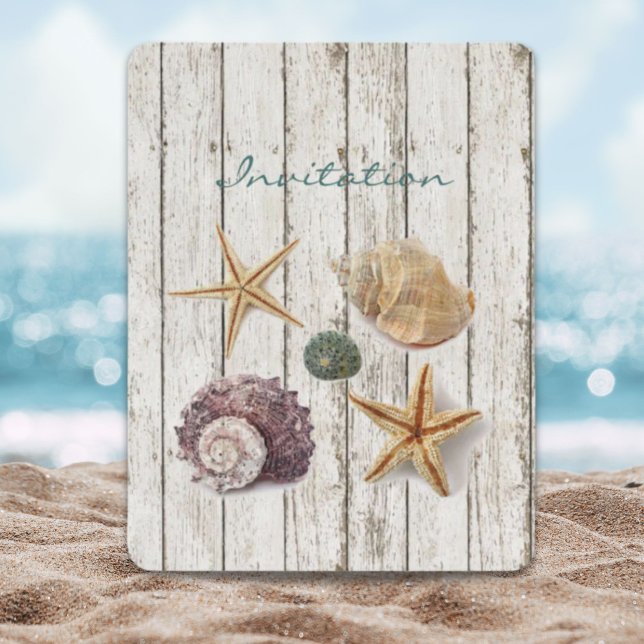 Convites casamento na praia de madeira costeira elegante (elegant coastal wood seashells beach wedding invitation)